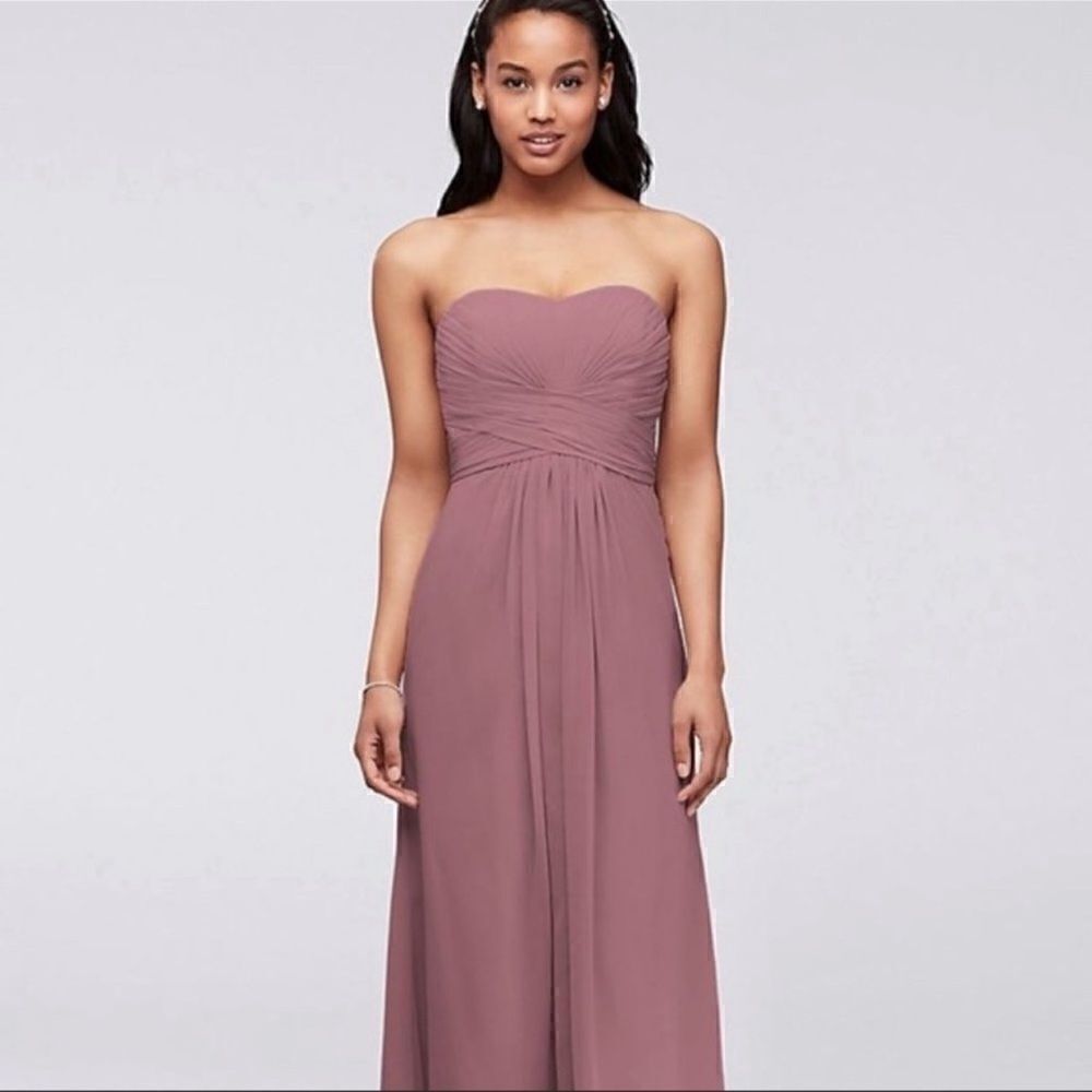 NWT David’s Bridal Strapless Chiffon Gown in Quartz